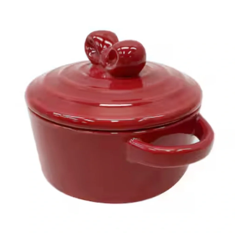 New! Mini Red Ceramic Cocotte by Makery with Bow on Lid